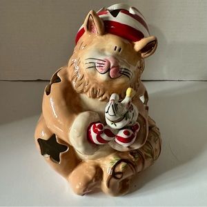 Blue Sky Clay works Heather Goldminc  Cat W/ Christmas Hat Mouse Tealight Holder